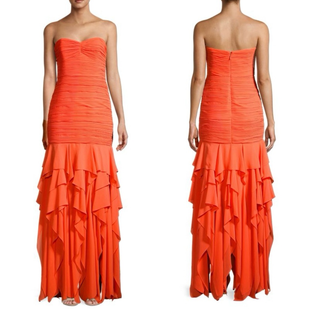 HALSTON HERITAGE Elegant Strapless Pleated Ruffle Orange Evening Gown - NWT